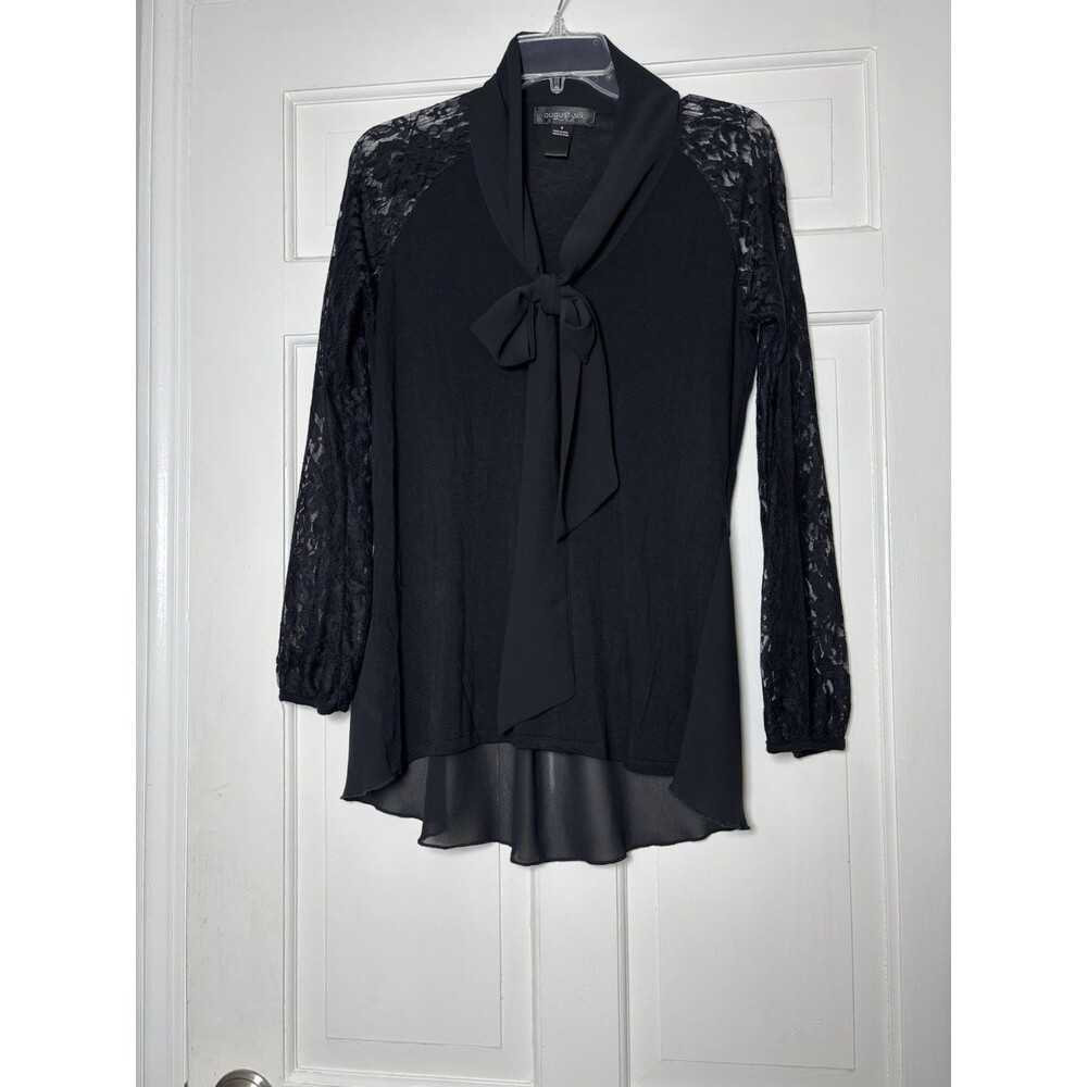August Silk Black Tie V-Neck w/Lace Long Slvs Blouse Women’s S Soft Rayon Glam